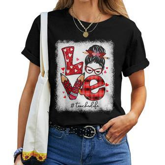 Funny Love Messy Bun Teacher Life Valentines Day Matching V2 Women T-shirt - Seseable