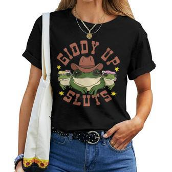 Womens Giddy Up Sluts Western Cowgirl Ranch Rodeo Frog Women T-shirt | Mazezy