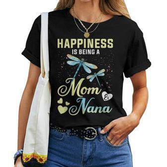 Happiness Is Being A Mom And Nana Dragonfly Gift Women T-shirt - Seseable