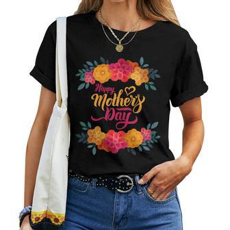 Happy Mothers Day Lettering Illustration With Red Flowers Gift For Womens Women Crewneck Short T-shirt - Thegiftio UK