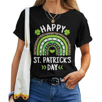 Happy St Patricks Day Leopard Print Rainbow Shamrock Irish V2 Women T-shirt - Seseable