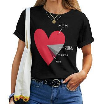 Kids Heart Mom Video Games Pizza Wifi Valentines Day Women T-shirt | Mazezy