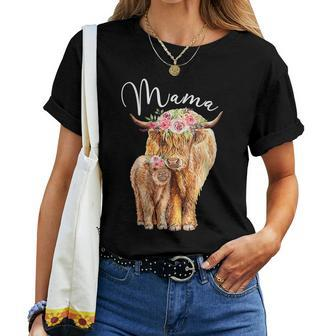 Mama Highland Cow With Baby Calf Floral Mom Women T-shirt - Thegiftio UK