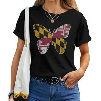 Maryland Flag Butterfly Home State Vintage Distressed Women T-shirt - Seseable
