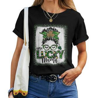 Messy Bun Leopard St Patricks Day One Lucky Mama Bleached  Women T-shirt Casual Daily Crewneck Short Sleeve Graphic Basic Unisex Tee