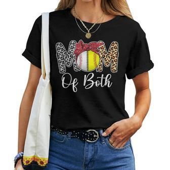 Mom Of Both Messy Bun Baseball Softball Mama Women T-shirt | Mazezy