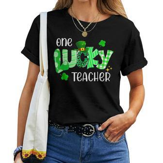 One Lucky Teacher Shamrock Clover Leopard St Patricks Day Women T-shirt - Seseable