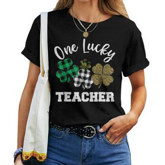 One Lucky Teacher Shamrock Leopard Plaid St Patricks Day Women T-shirt - Thegiftio UK