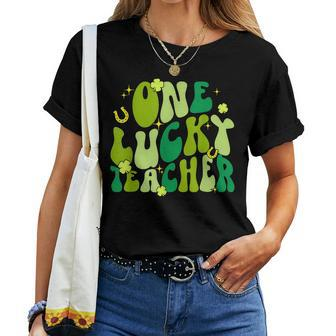 One Lucky Teacher Shamrock St Patricks Day Retro Groovy Women T-shirt - Seseable