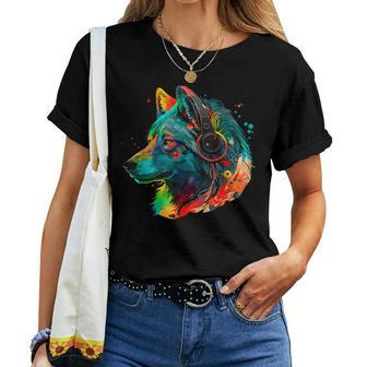 Rainbow Colorful Dj Wolf Headphones Music Wolf Lover Women T-shirt | Mazezy