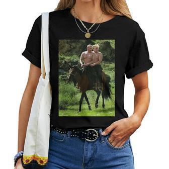 Russian Putin Riding A Horse With Donald Trump Meme Women T-shirt | Mazezy