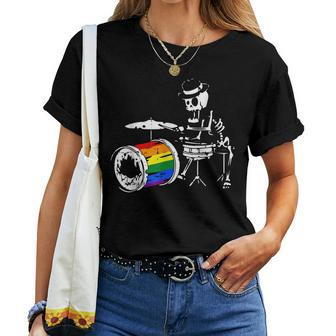 Skeleton Drummer Gay Pride Lgbtq Rainbow Drum Pride Ally Women Crewneck Short T-shirt - Thegiftio UK