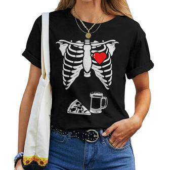 Skeleton Pregnancy Pizza Beer Xray Halloween Soon Dad Women T-shirt | Mazezy