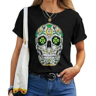 Sugar Skull St Patricks Day Of The Dead Women Shamrock Women T-shirt - Thegiftio UK