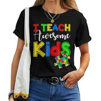 I Teach Awesome Kids Autism Awareness Autistic Teacher Women T-shirt | Mazezy