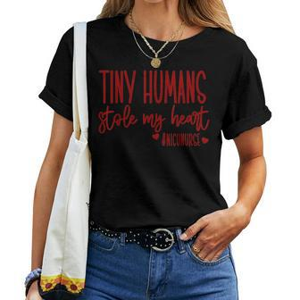 Tiny Humans Stole My Heart Valentines Day Nicu Nurse Women T-shirt - Seseable