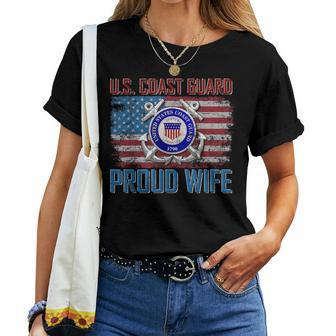 US Coast Guard Proud Wife With American Flag Gift Veteran Women T-shirt - Seseable
