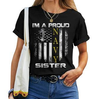 Vintage Im A Proud Navy Sister With American Flag Gift Women T-shirt - Seseable