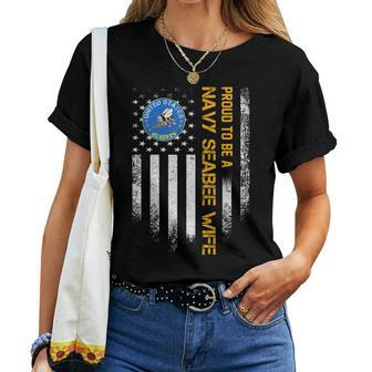Vintage Usa American Flag Proud To Be A Us Navy Seabee Wife Women T-shirt | Mazezy