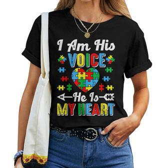 I Am His Voice He Is My Heart Autism Mom Autism Awareness Women T-shirt | Mazezy