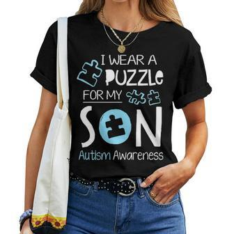 I Wear A Blue Puzzle For My Son Autism Aware Month Mom Dad Women T-shirt - Seseable