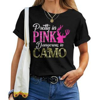 Womens Cute Camoflauge Pretty In Pink Dangerous In Camo Hunter Girl Women T-shirt - Seseable