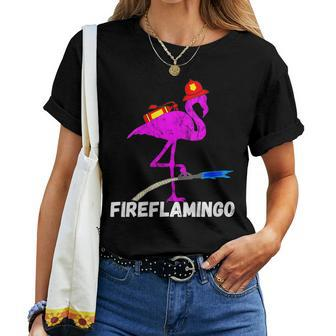 Womens Fire Fighter Flamingo Exotic Bird Funny Firefighter Fireman Women T-shirt - Seseable