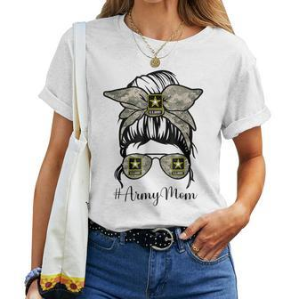 Army Mom Messy Bun Hair Glasses Mommy Mother Women T-shirt | Mazezy