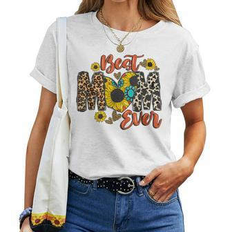 Womens Best Mom Ever Sunflower Leopard Happy Women T-shirt | Mazezy
