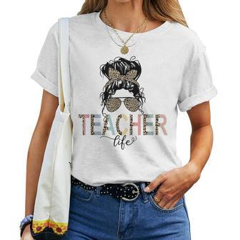 Best Teacher Life Messy Bun Hair Leopard Last Day Of School Women Crewneck Short T-shirt - Thegiftio UK