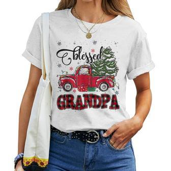 Blessed Grandpa Plaid Red Truck Tree Lights Christmas Pajama Women T-shirt | Mazezy