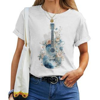 Blue Guitar With A Watercolor Pastel Floral Music Graphic Women T-shirt | Mazezy