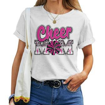 Cheer Mom Hot Pink Black Leopard Letters Cheer Pom Poms Women T-shirt | Mazezy