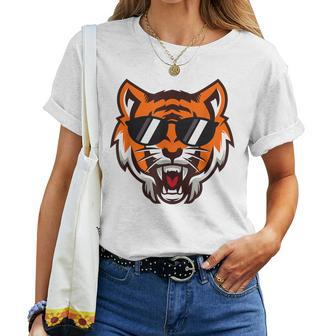 Cool Growling Mouth Open Bengal Tiger With Sunglasses Women T-shirt | Mazezy