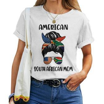 Half South African American Mom Messy Bun Flag Women T-shirt | Mazezy