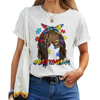 Messy Bun Black Autism Mom Afro Mother Autism Awareness Women T-shirt | Mazezy