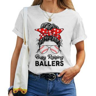 Messy Bun Busy Raising Ballers Mom Baseball Mother Women T-shirt | Mazezy