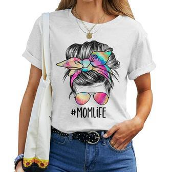 Mom Life Rainbow Leopard Messy Bun Graphic For Women Women Crewneck Short T-shirt - Thegiftio UK