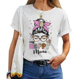 Womens One Hoppy Mama Messy Bun Leopard Happy Easter Mom Women T-shirt | Mazezy