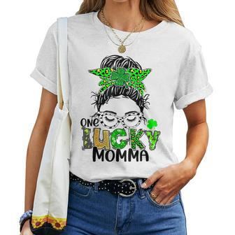 One Lucky Momma Messy Bun Mom Shamrock St Patricks Day Women T-shirt - Thegiftio UK