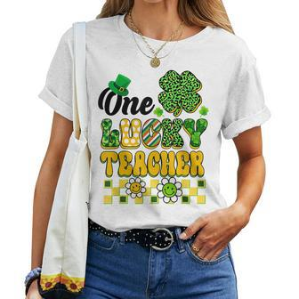 One Lucky Teacher Groovy Shamrock Happy St Patricks Day Women T-shirt - Seseable