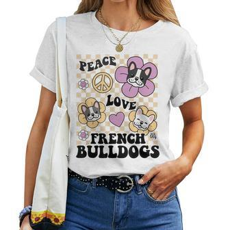 Peace Love French Bulldogs Daisy Checkered French Bulldog Women Crewneck Short T-shirt - Thegiftio UK