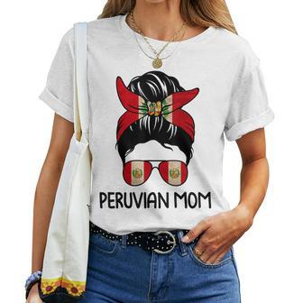 Peruvian Mom Messy Bun Sunglasses Flag Women T-shirt | Mazezy