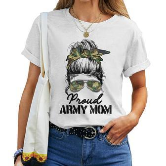 Proud Army Mom Camouflage Messy Bun Soldier Women T-shirt | Mazezy