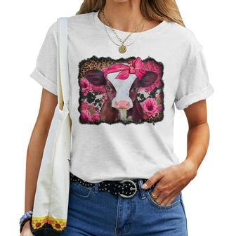 Western Baby Cow With Pink Leopard Flower Cow Lover Women T-shirt - Seseable