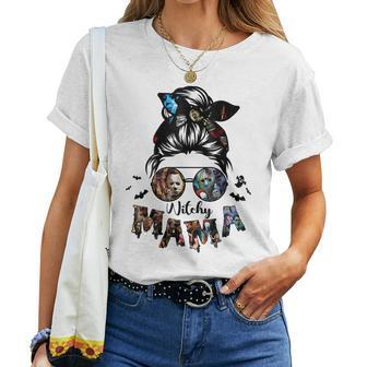 Witchy Mama Halloween Messy Bun Skull Horror Movie Mom Women T-shirt | Mazezy