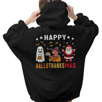 Happy Hallothanksmas Ghost Turkey Pumpkin Christmas Santa  Aesthetic Words Graphic Back Print Hoodie Gift For Teen Girls