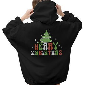 Retro Christmas Tree Merry Christmas Aesthetic Words Graphic Back Print Hoodie Gift For Teen Girls