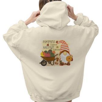 Funny Fall Gnomes Pumpkin Kisses And Harvest Wishes Aesthetic Words Graphic Back Print Hoodie Gift For Teen Girls - Thegiftio UK