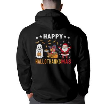 Happy Hallothanksmas Ghost Turkey Pumpkin Christmas Santa  Men Graphic Hoodie Back Print Hooded Sweatshirt